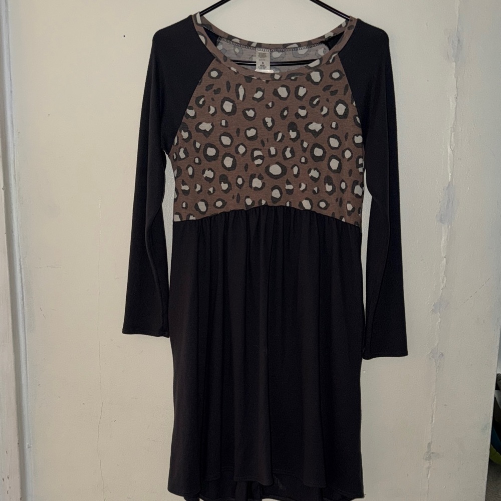 Girls Black Dress with Brown Leopard Bodice